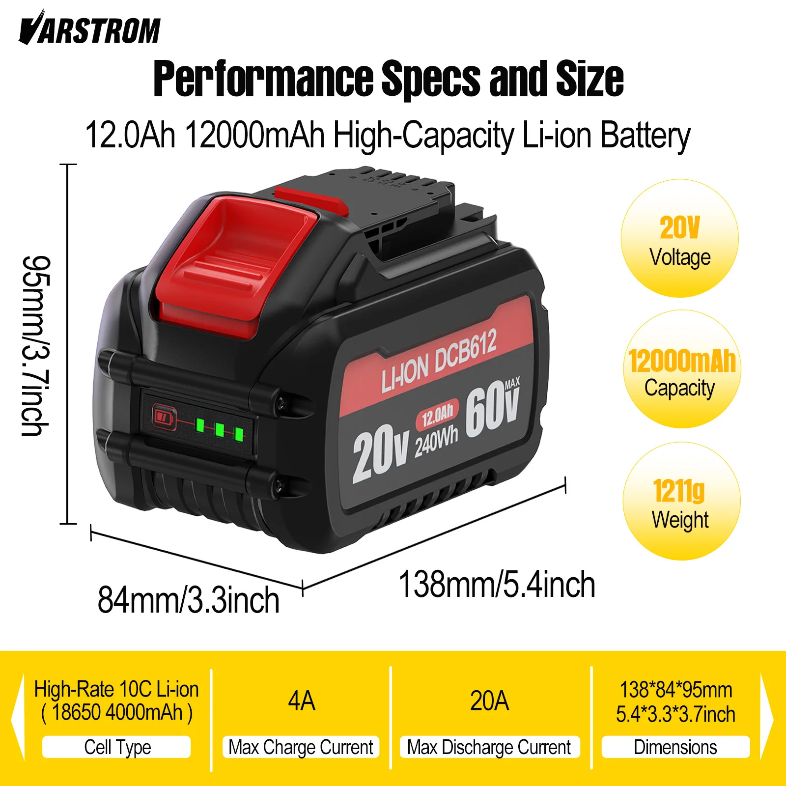 Varstrom Battery For DeWalt 20V 12.0mAh/6.0mAh MAX Li-ion Battery For DeWalt DCB606- DCB612 DCB609 For Flexvolt Tool Batteries