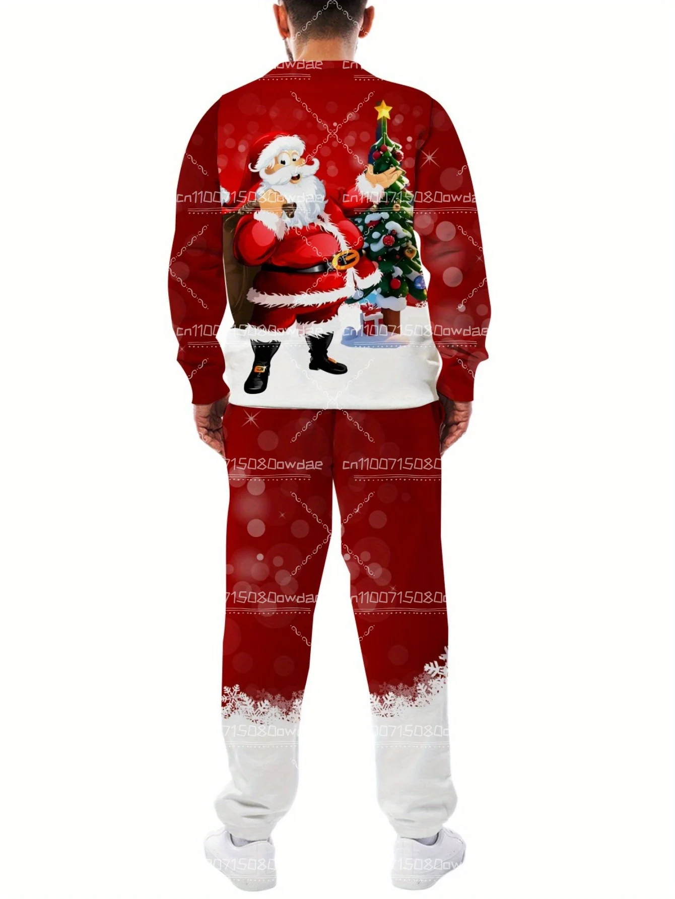 Men's 3D Santa Claus Pattern Two-piece Casual And Comfortable Round Neck Long Sleeved T-shirt And Drawstring Sweatpants Set