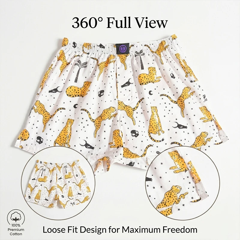 MMELONGENA Men's 100% Cotton Boxer Shorts Cheetah Print Aro Pants Relaxed Soft Lightweight Breathable Summer Daily Loungewea