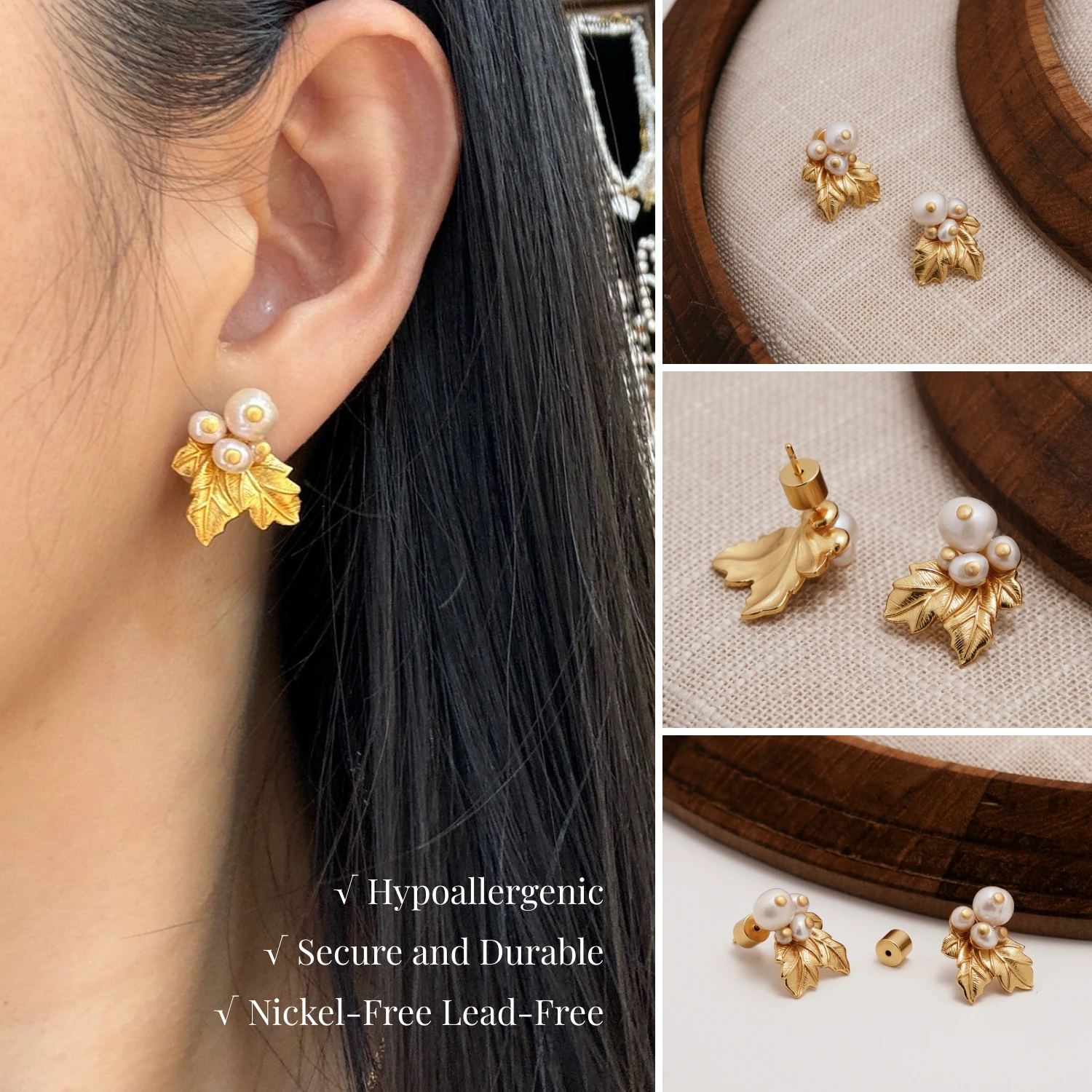 

YAJUNIEL 24K Real Gold Plated Leaf & Natural Freshwater Pearl Stud Earrings for Women Hypoallergenic Statement Earrings Gift
