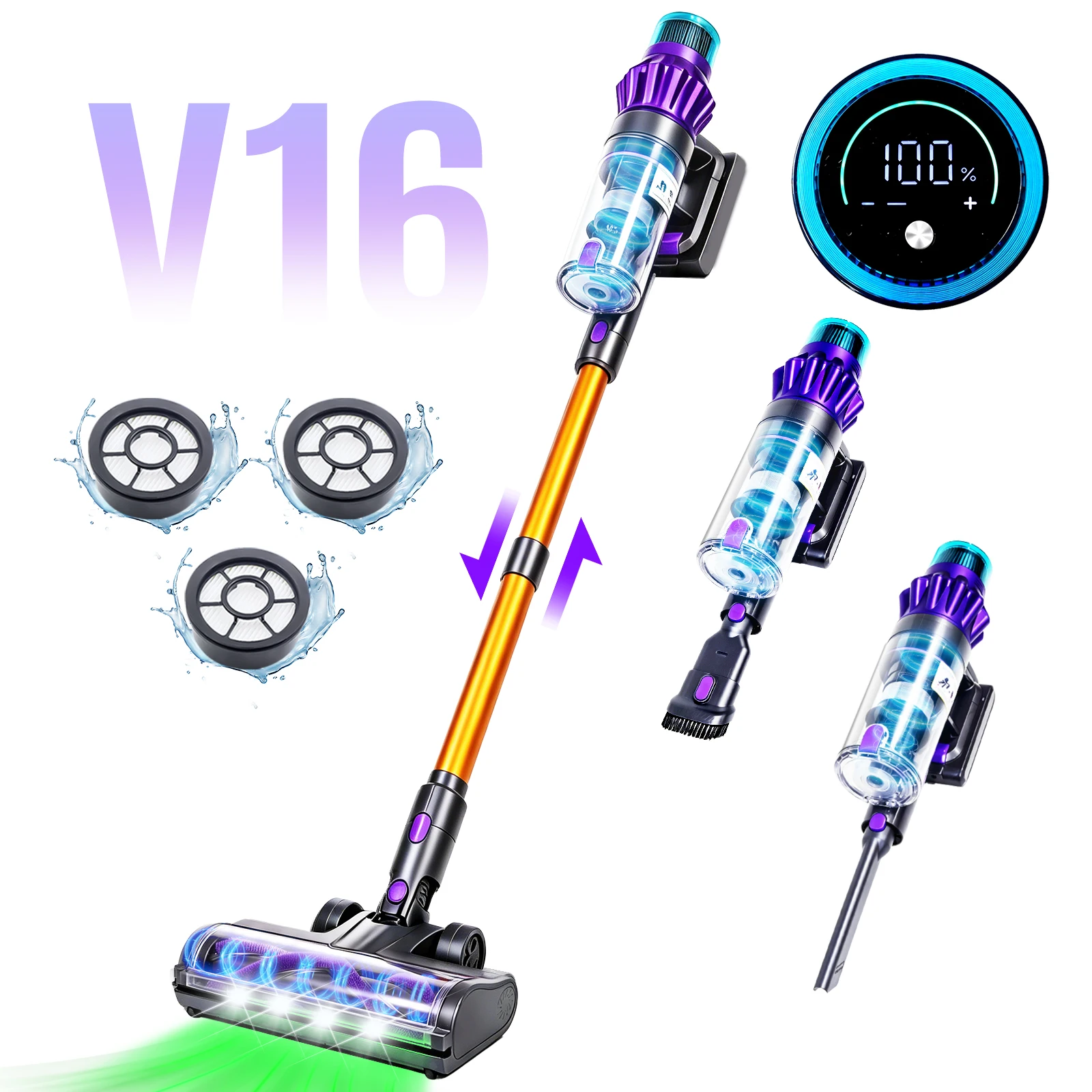 V16 Akku-Staubsauger, 500W 75Kpa 60min, Touchscreen, Automatikmodus, Infrarot-Staubsensor, 6-stufige HEPA-Filtration, 60min Laufzeit, abnehmbarer Akku, LED-Display für Hartböden, Teppich und Tierhaare