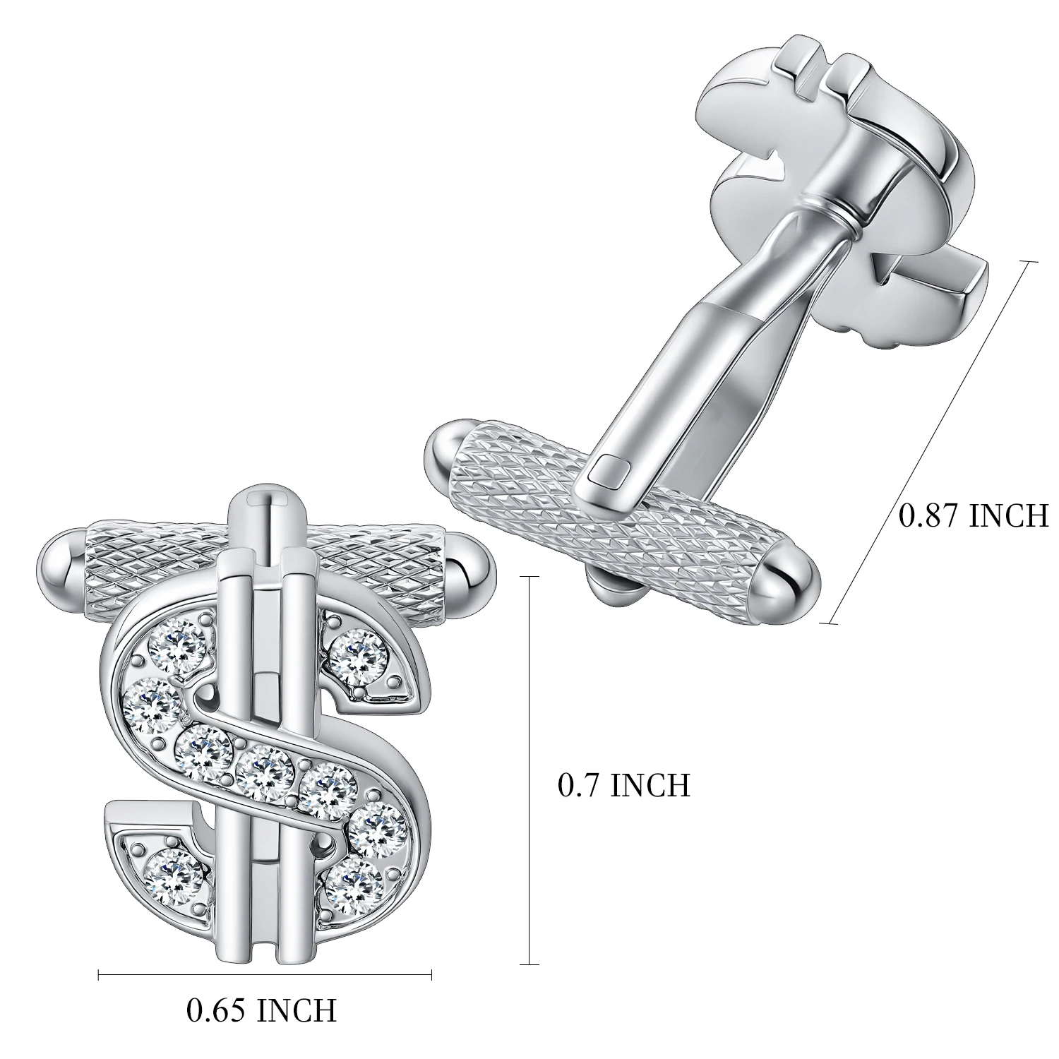 Men's Dollar Sign Cufflinks, Inlaid Crystal Silver Plated US Dollar Symbol Cuff Links, Business Wedding Suit Shirt Cufflinks