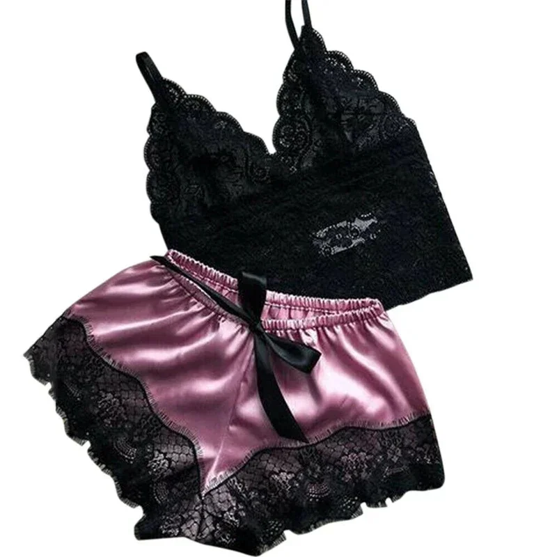 Sexy Damen Spitze Nachtwäsche Spitze Nachthemd Dessous ärmellose V-Ausschnitt Babydoll Pyjamas Set Dessous Tops Shorts Set Nachtwäsche