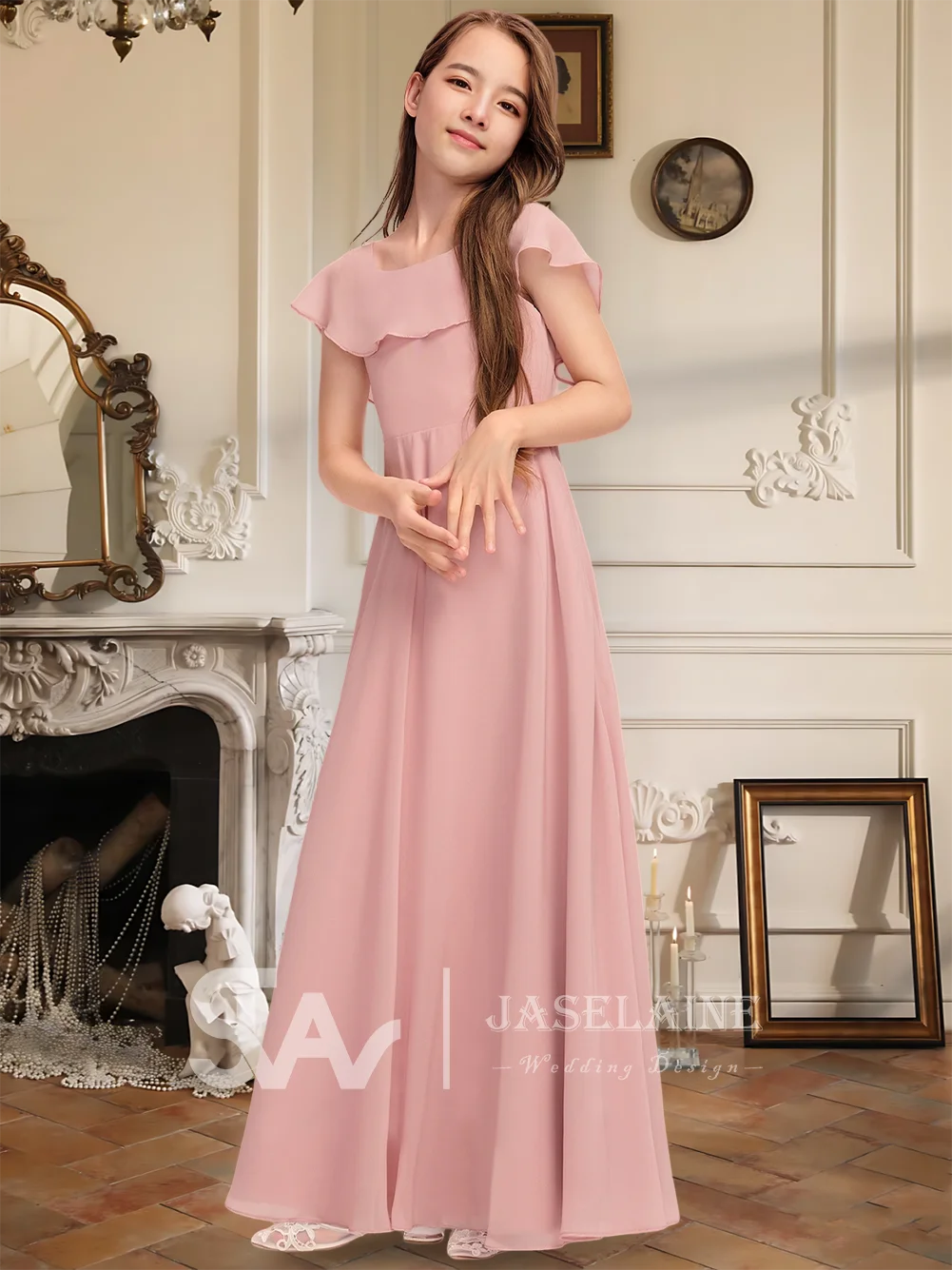 Elegante abito da damigella d'onore junior in chiffon a trapezio con scollo a barchetta e volant a cascata, abito da ragazza di fiori, festa di nozze per ragazze