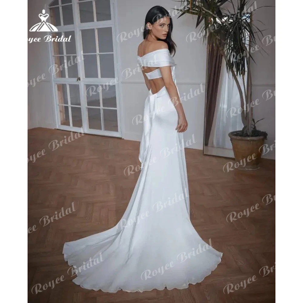 Sexy Side Split V Neck Off The Shoulder Simple Pleat Satin Mermaid Wedding Dress For Women 2025 Boho Bridal Gown vestidos robe