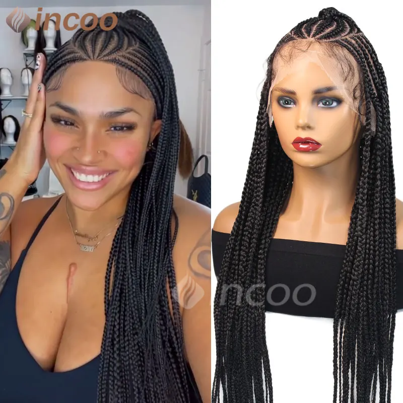 

36Inch Cornrow Braided Wigs Box Braids Wig Synthetic Full Lace Braided Wig For Black Women Blended Lace Front Braiding Hair Wig