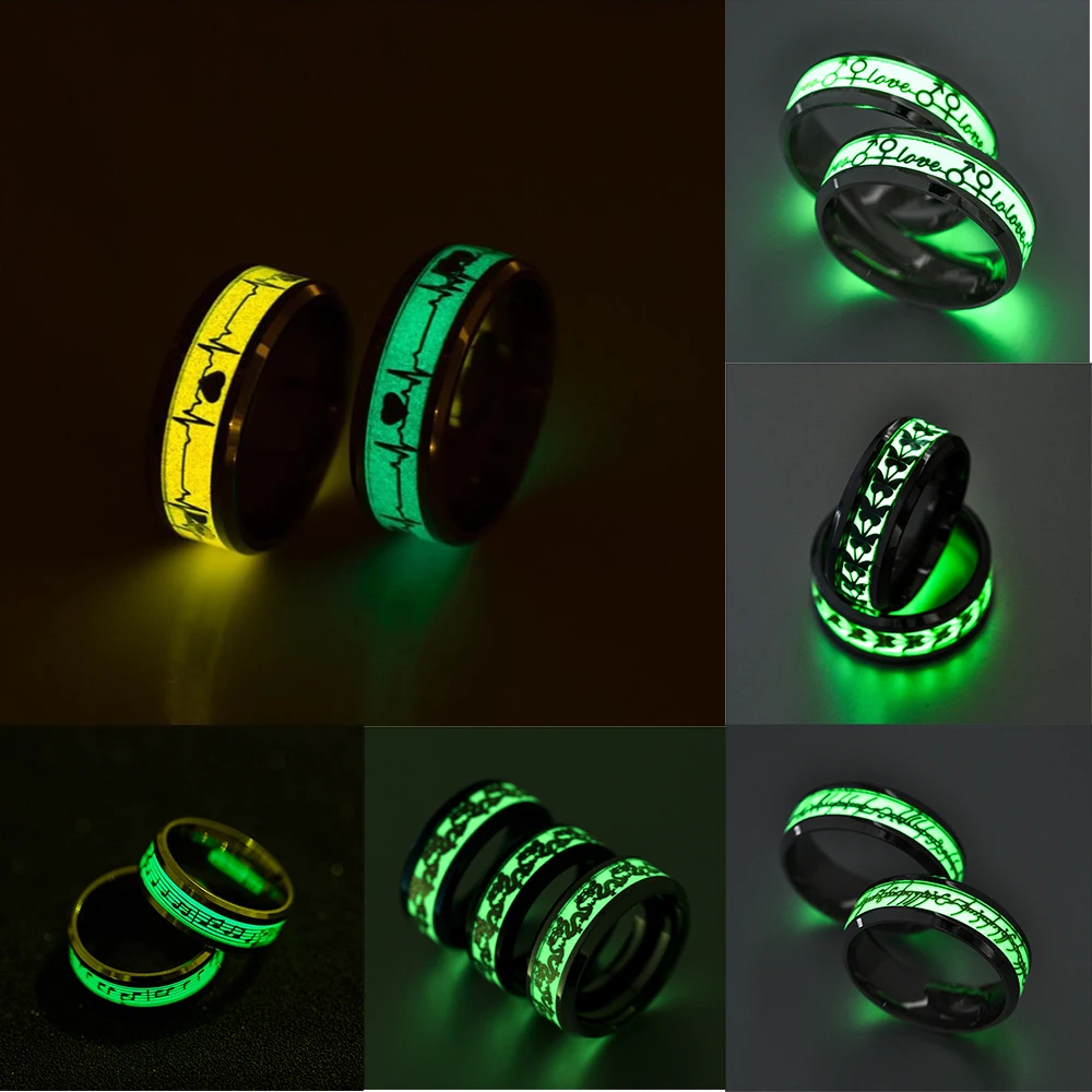 Glow In Dark Ring Luminous Fluorescent Stainless Steel Blue Yellow Light Love Heart Couples Finger Rings Jewelry Gift Anillo