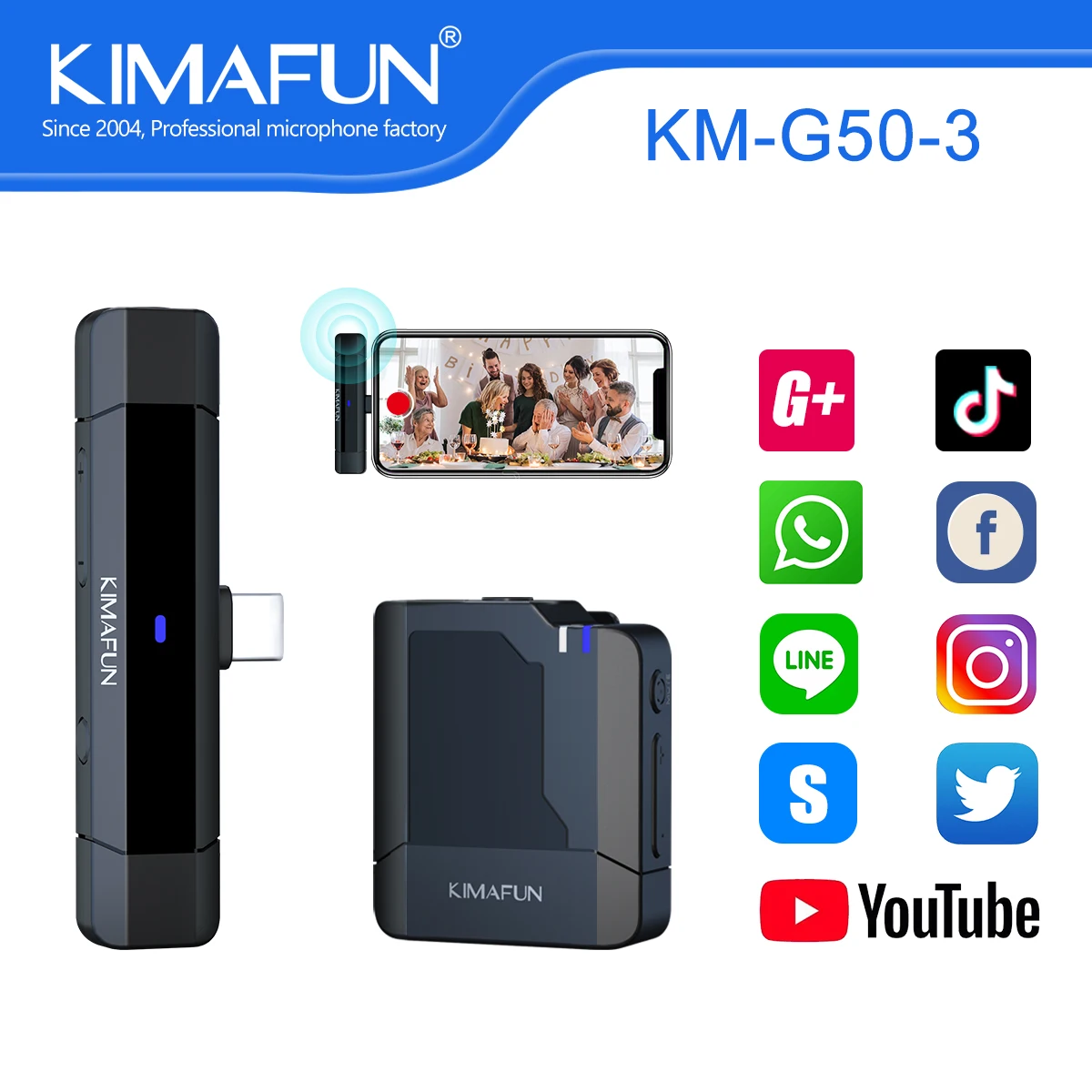 KIMAFUN Wireless Lavalier Microphone System Build in and Lapel Mic for Smartphone, DSLR, Camcorder, YouTube, Tiktok, Vlog Record