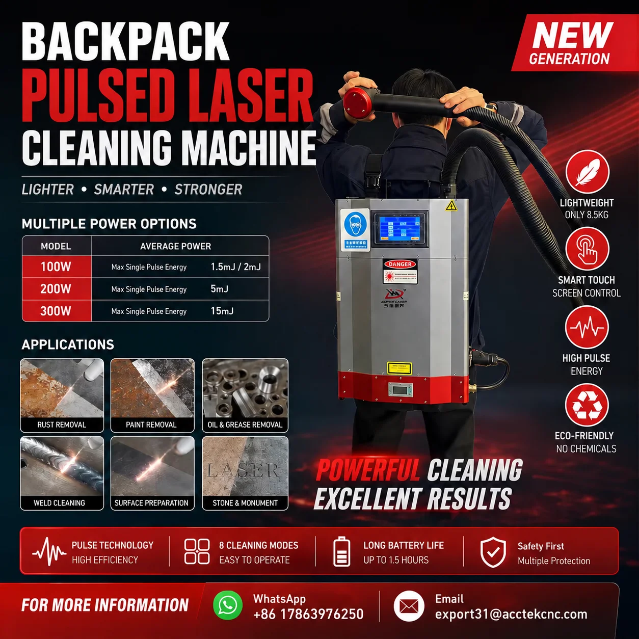 Backpack Pulsed Laser Cleaning Machine Lightweight Ergonomic Backpack Design Wearable for High Place Narrow Space Field Cleaning