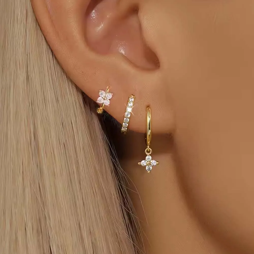 3-teiliges trendiges Edelstahl-Blumen-Tropfenohrring-Set für Frauen, Zirkonia, baumelnder Ohrring, hypoallergener Piercing-Schmuck, Aretes