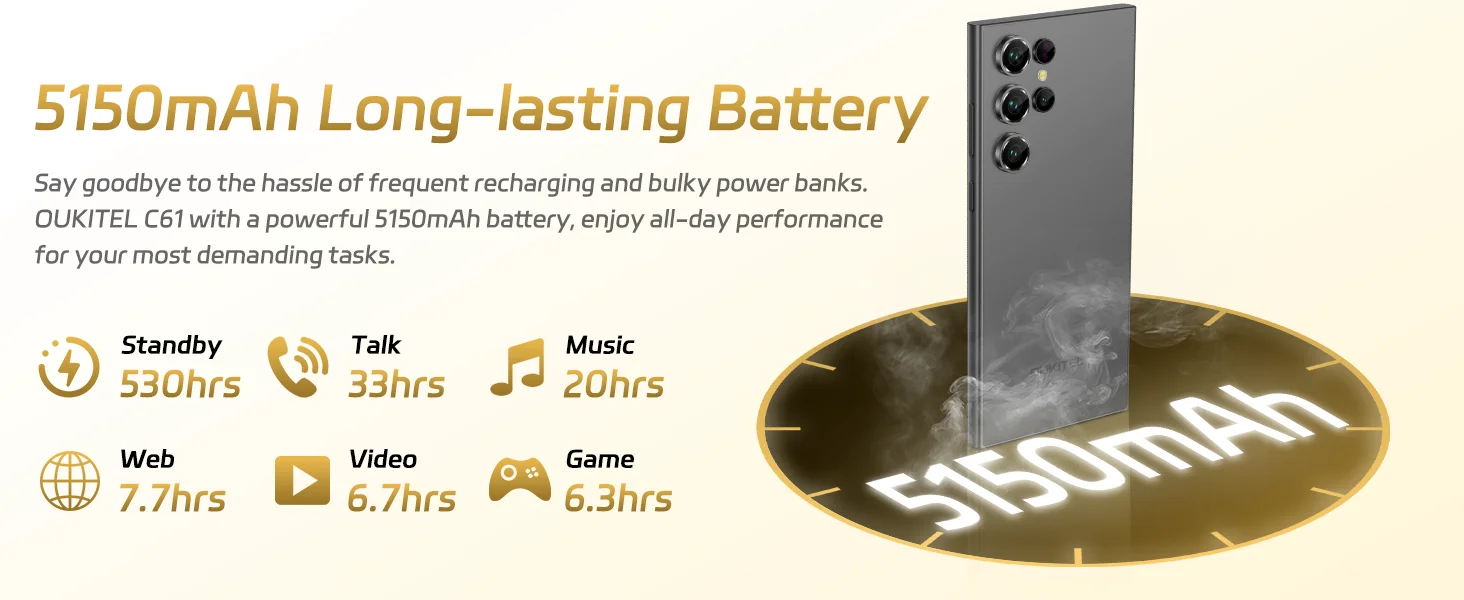 OUKITEL C61 Entsperrtes Handy 2025- Android 15, 6,88 Zoll Display Smartphone, 5150mAh Akku, 16GB+128GB/1TB, 13MP Kamera – Detail 6
