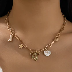 Exquisite Charms Pearl Pendant Necklace for Women Stainless Steel Gold Color Bow Charm Choker Conch Shell Fashion Jewelry Gifts