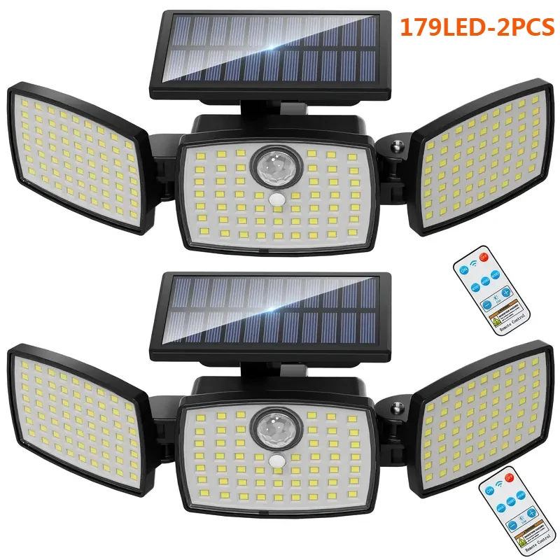 2 قطعة أضواء الشمسية 179 LED تعمل بالطاقة الشمسية الجدار مصباح مع جهاز التحكم عن بعد محس حركة في الهواء الطلق ضوء أمان مقاوم للماء للحديقة