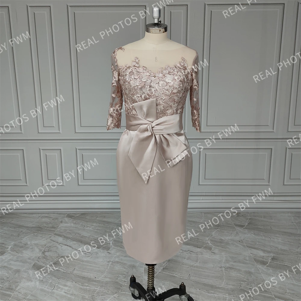 Customized Half Sleeves Bow Belt Sheath Mother Of The Bride Dress With Appliques  Wedding Party Prom Evening Gown For Women