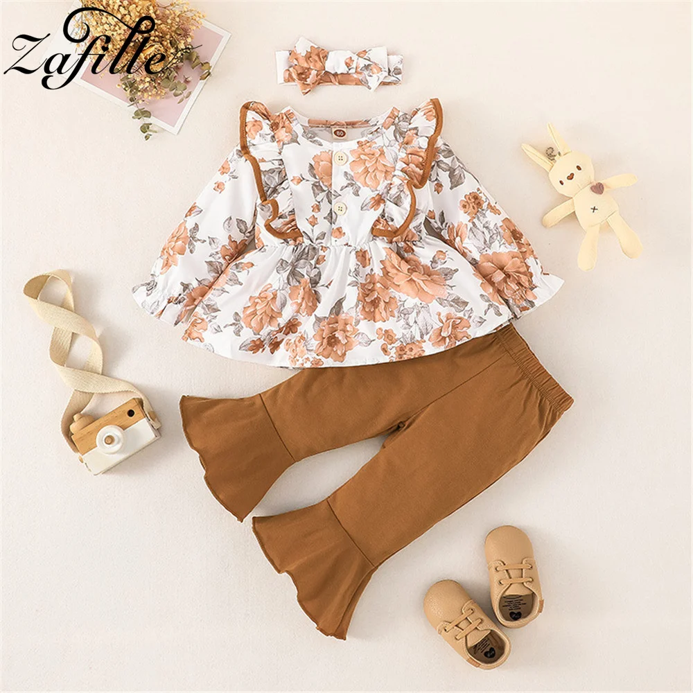 

ZAFILLE 3pcs Toddler Baby Clothes Flying Sleeve Floral Print Top+Bell Bottom Trousers Kids Girls Clothing Lovely Children Outfit