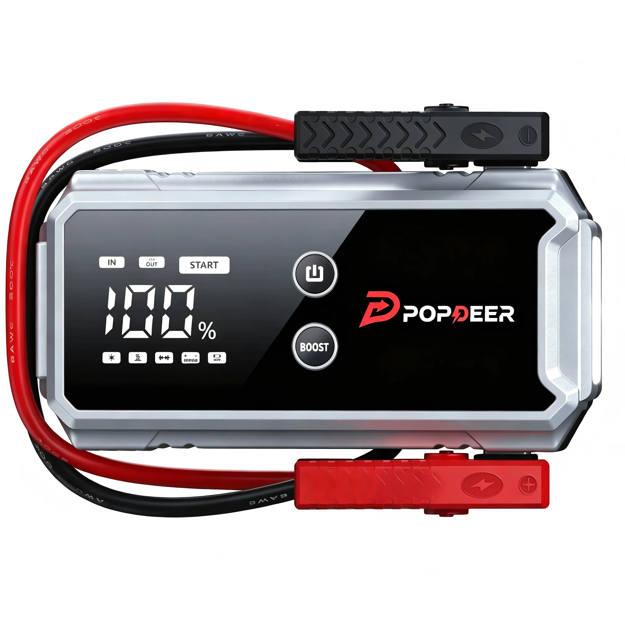 POPDEER PD-ONE 4000A Avviatore d'emergenza per auto all-in-one con morsetti intelligenti integrati, supporta motori a benzina fino a 8L e diesel fino a 6L, power bank, display LCD e torcia a LED