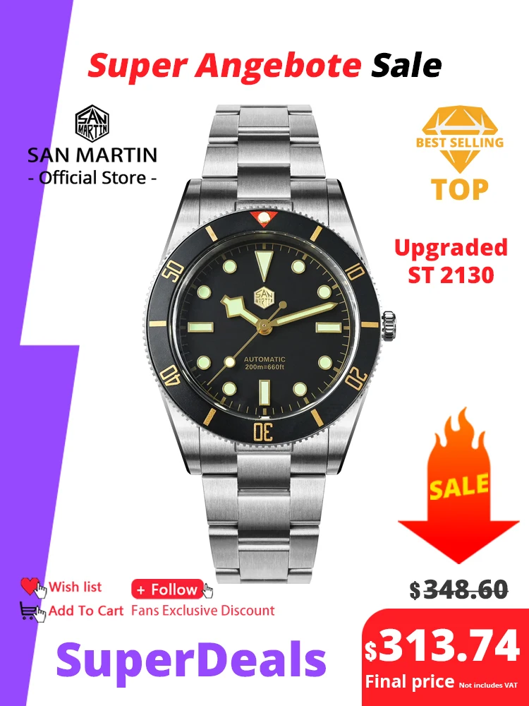 San Martin New 37mm BB54 Vintage Diver Watch ST2130 Automatic Mechanical Men Wristwatch Sapphire Luminous Waterproof 200m SN0138
