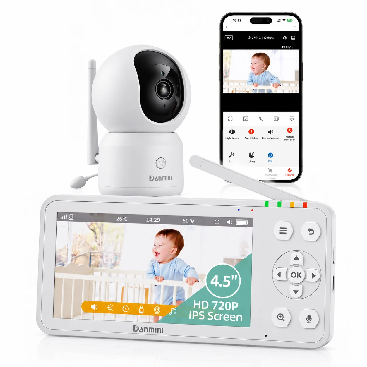 DANMINI 4.5 Inch IPS WiFi Baby Monitor 1080P Tuya App Camera 355° Pan 55° Tilt Night Vision Two Way Audio Temperature Sensor