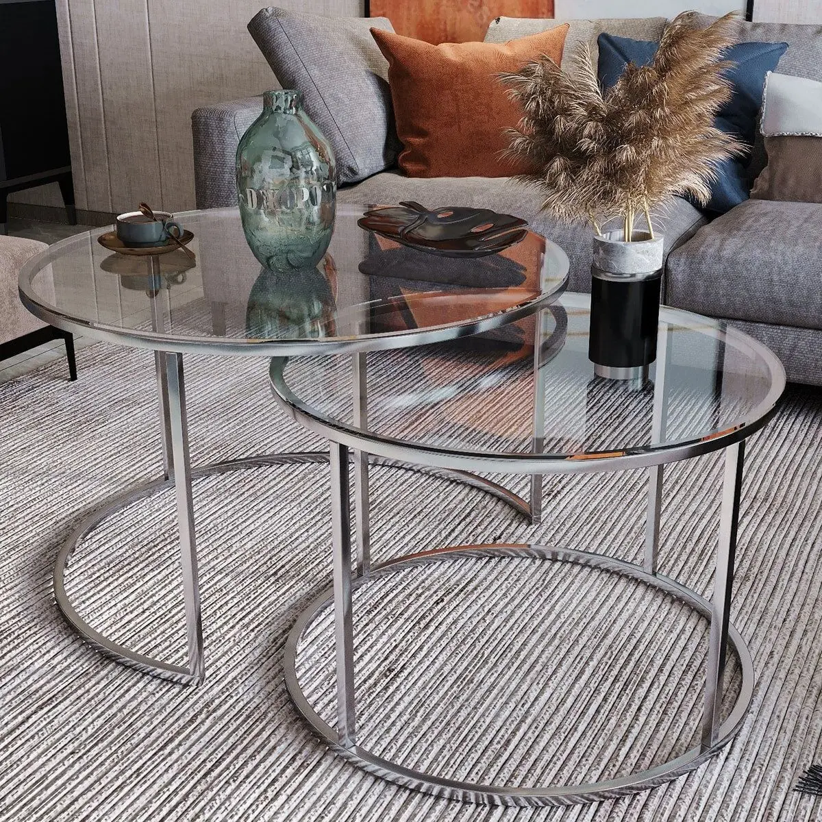 Modern Set of 2 Center Tables Silver Transparent Unbreakable Glass Luxury Design Coffee Tables Home Living Room 3 Pcs Furniture