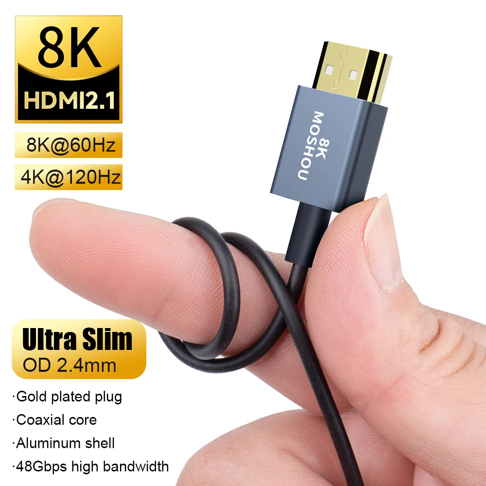 MOSHOU HDMI 2.1 koncentryczny elastyczny kabel HDMI na HDMI 48gbps eARC HDR 8K 60Hz 4K 120Hz dla TV, pudełko PS5 Laptop