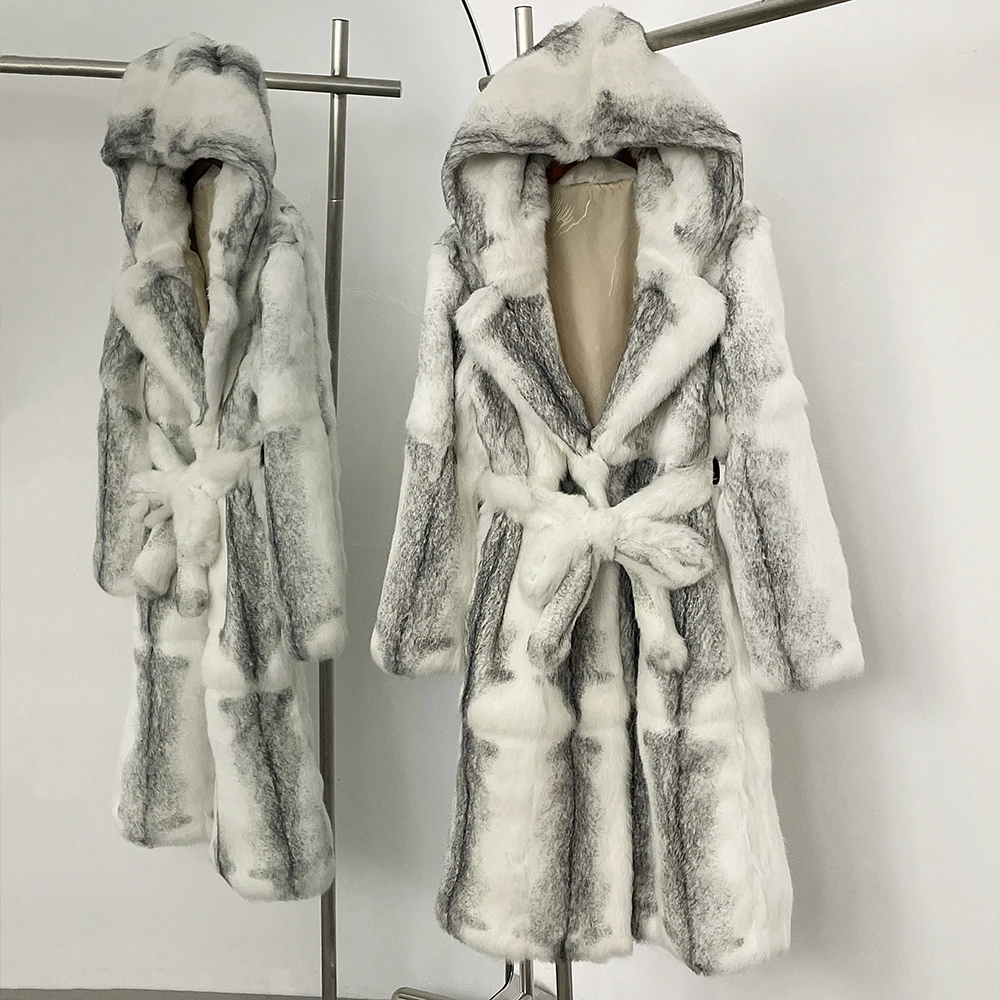 OFTBUY-abrigo de piel auténtica de zorro para mujer, abrigo de piel lujosa gruesa y cálida con capucha, abrigo de piel de conejo auténtica, abrigo largo de piel Natural 2024
