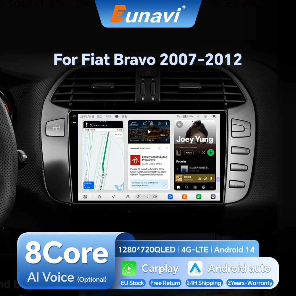 Eunavi 9  Autoradio Per Fiat Bravo 2007 - 2012 Lettore Multimediale di Navigazione GPS Stereo 2din 4G Carplay Android Auto unità principale