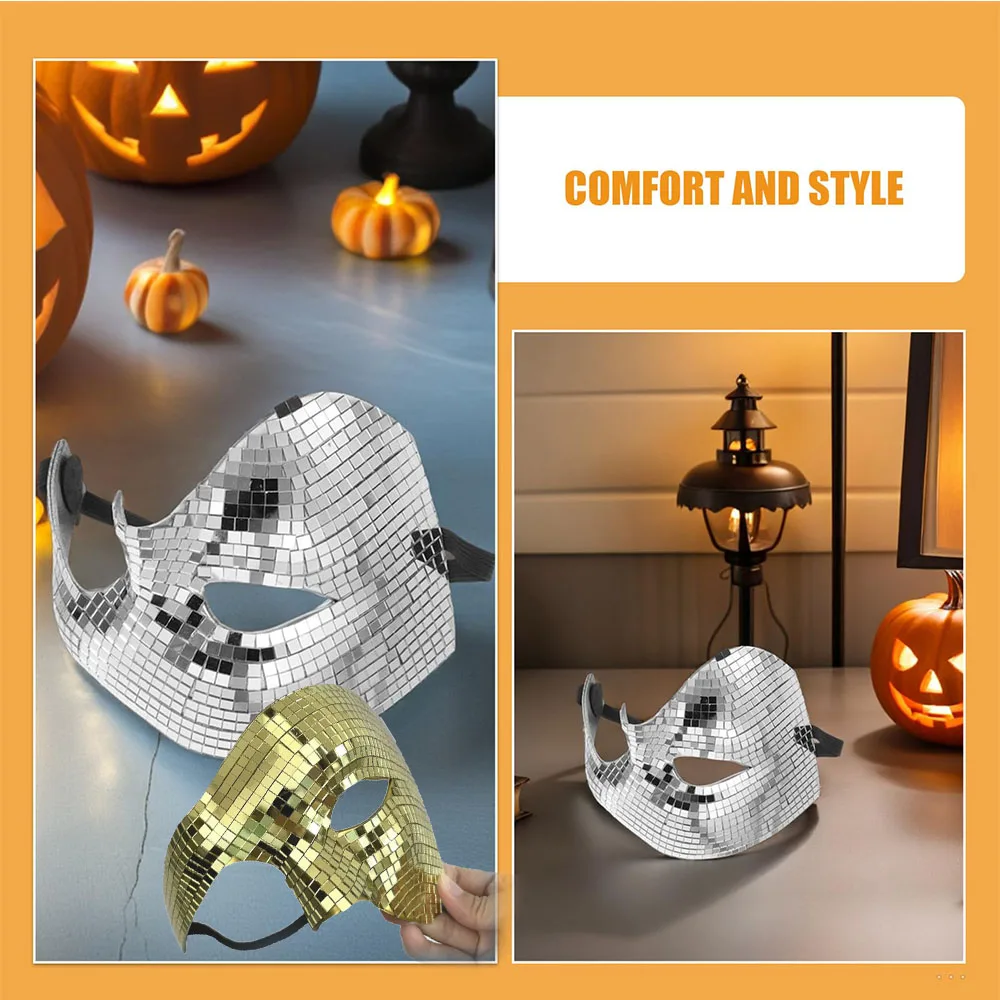 

2pcs Disco Glitter Mask Reflective Half Face Masquerade Mirror Mask Halloween Party Face Cover For Carnival Prom And Dance Party