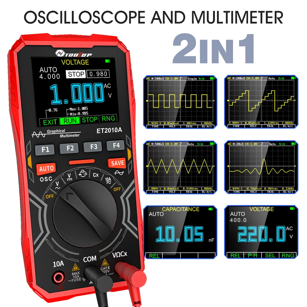 TOOLTOP ET2010A Portable Digital 1Mhz Oscilloscope 2.5Msps Sampling Rate AUTO Range AC/DC 600V Graphcial Multimeter Oscilloscope