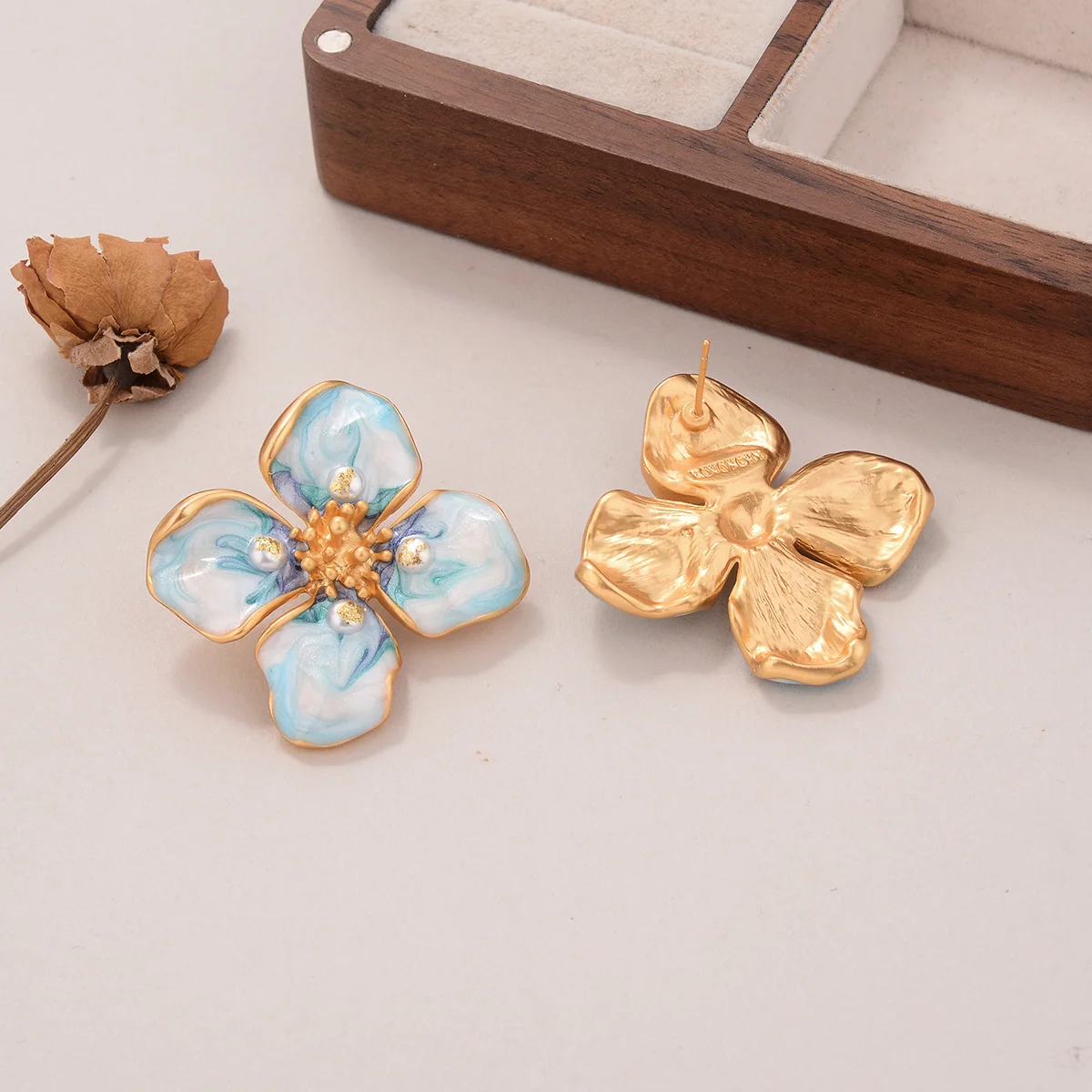 Enamel Flower Stud Earrings for Women - Vintage Gold Tone, Blue & White Petals with Pearl & Rhinestone Accents - Fashion Jewelry