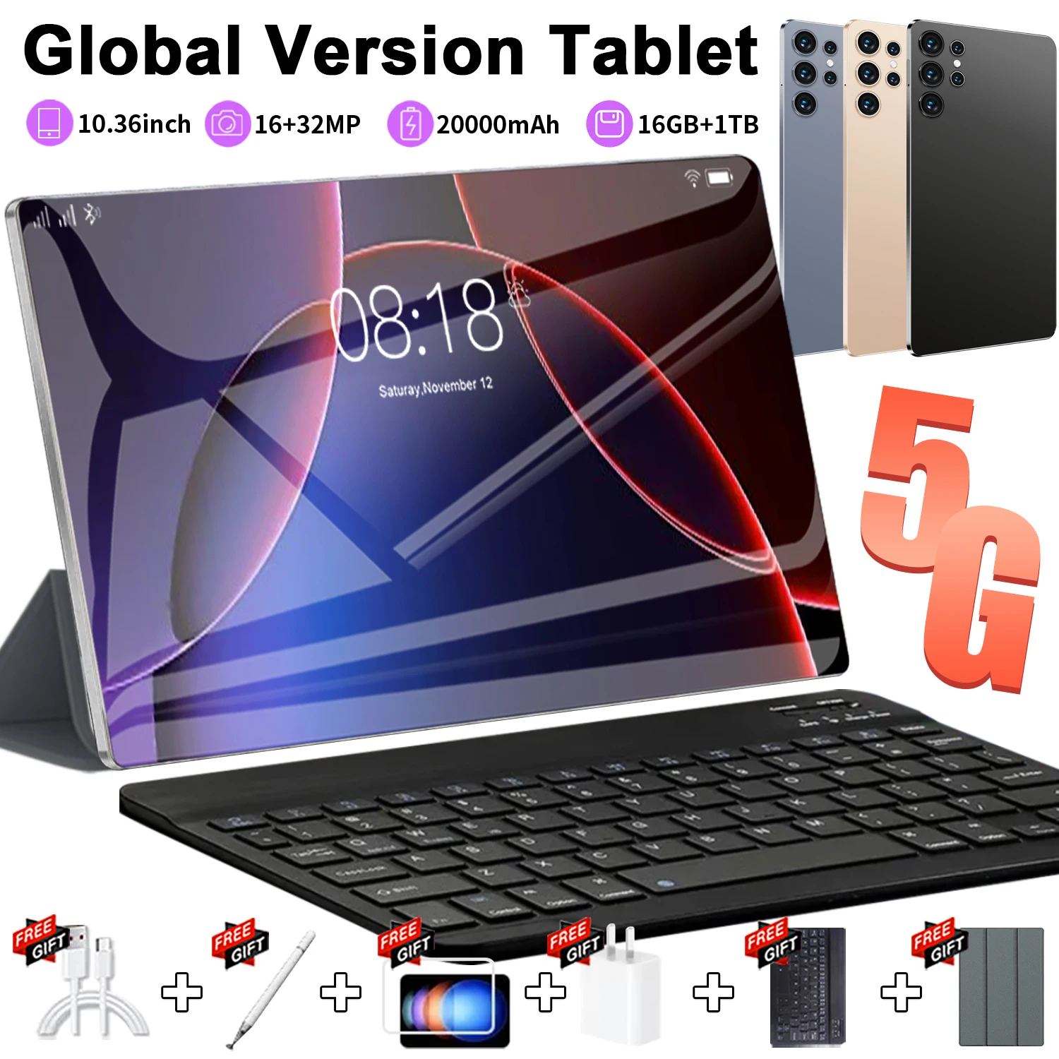 Tablette PC 10,36 pouces Android 13 Double caméra Double SIM 5G Tablettes Google Play 14 cœurs Bluetooth Wifi 16 Go de RAM + 1 To de ROM