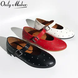 Onlymaker Women Round Toe Rivets Mary Jane Flats Buckles Fashion 2024 New Woman Big Size Summer Shoes