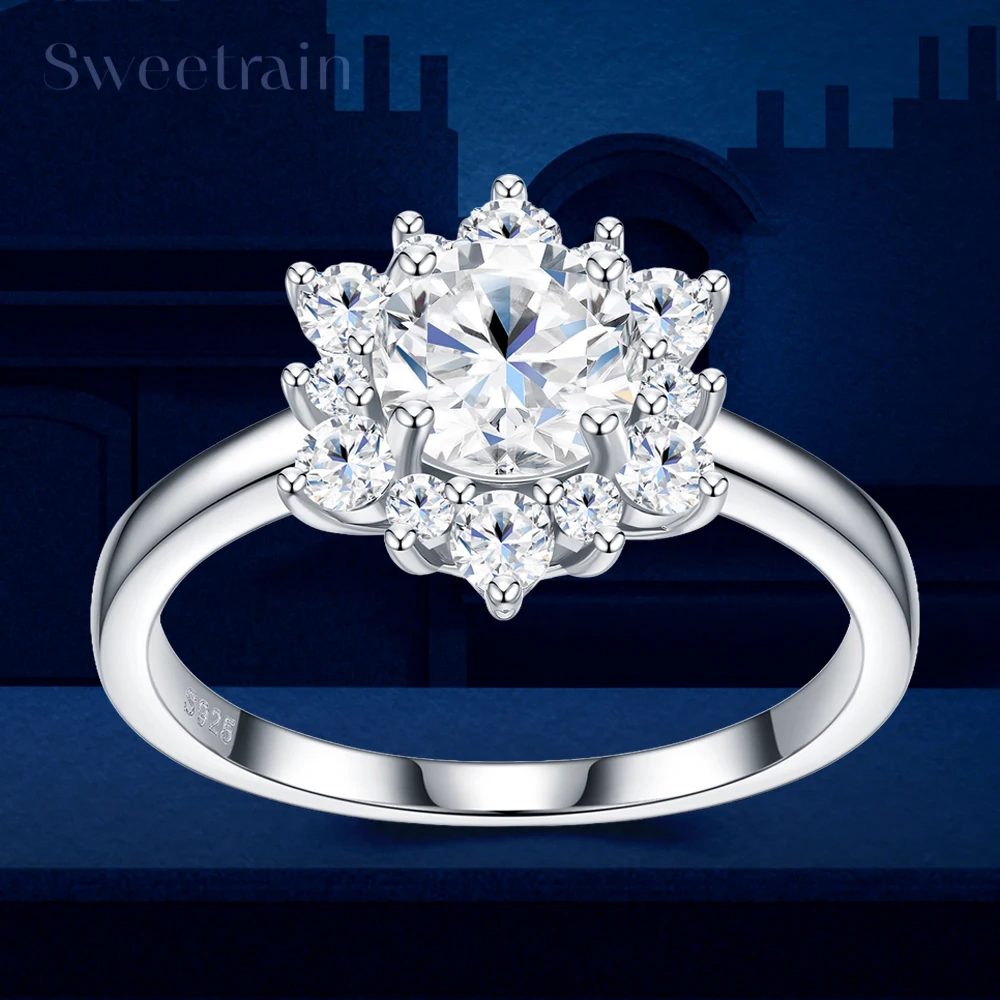 1CT All Moissanite Rings for Women Solid 925 Sterling Silver 18K White Gold Plated Luxury Flower Halo Engagement Ring GRA