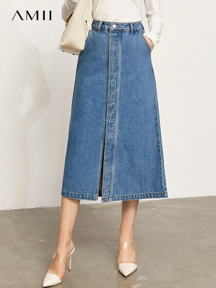 AMII Minimalism 2023 Summer New Women Skirts Retro Fashion Letter Printed Patchwork Office Lady Chic Female Denim Skirt 12322037