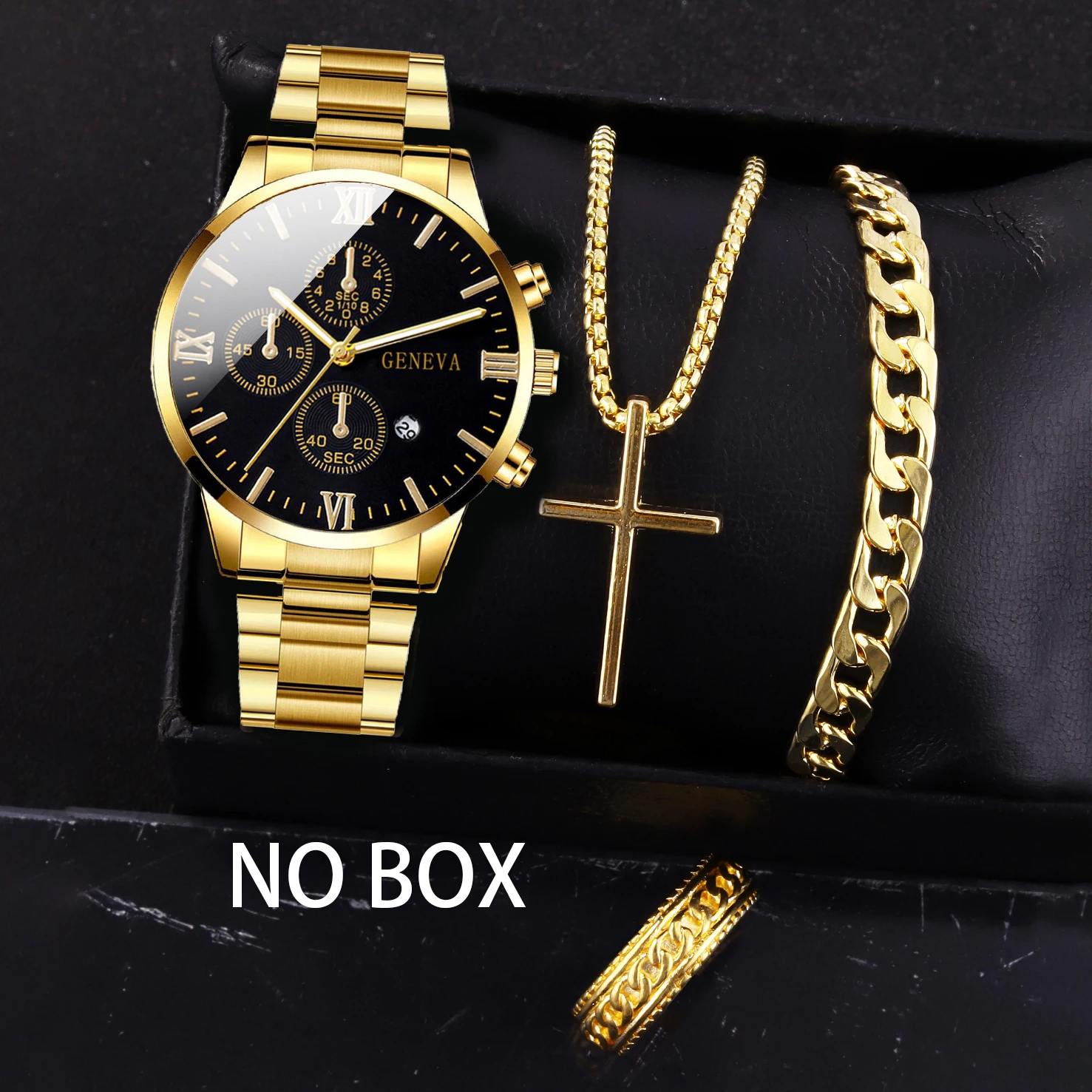 4-Piece Set of Gold Alloy Roman Calendar Men's Quartz Watch with Cross Necklace, Bracelet, and Ring Set, Selected Gift, Without Gift Box