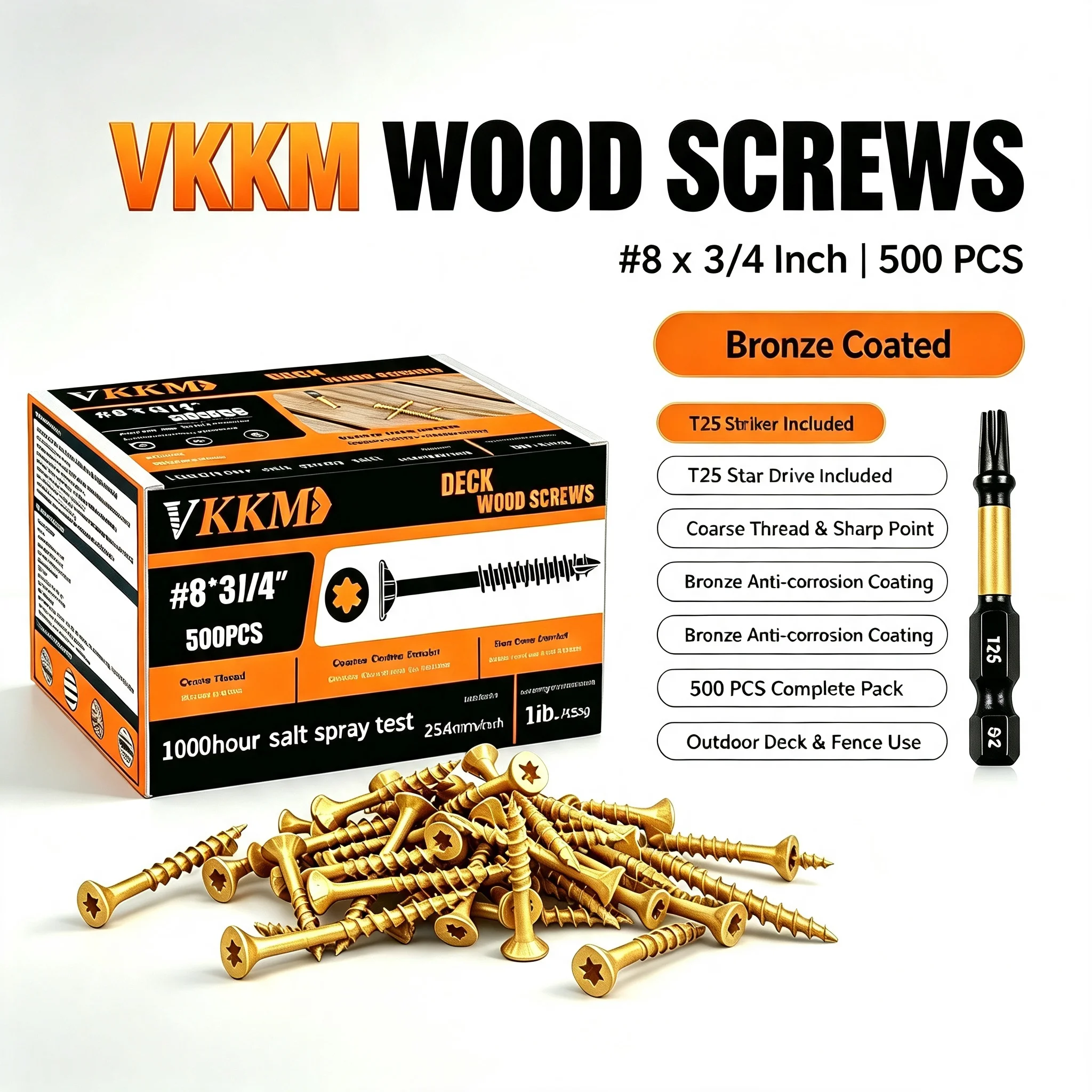 VKKM Deck Wood Screws #8 X 3/4 Inch 500PCS Bronze Coated Torx Star Drive Self Tapping Screws with T25 Bit for Outdoor Fence Patio Wood Construction