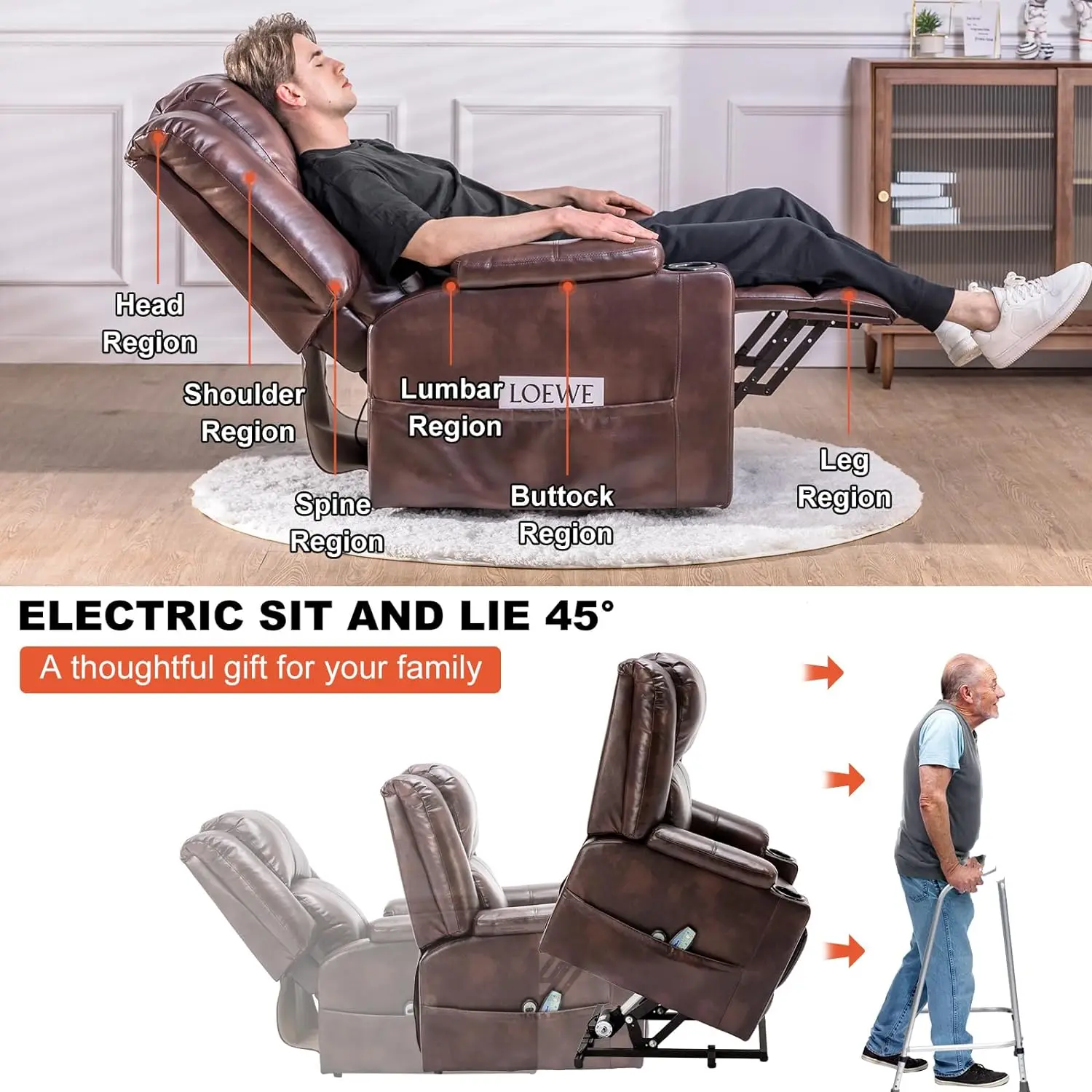 Comhoma Power Lift Recliner for Elderly, Lift Chair with Heat and Massage, Pu Recliner Sofa with Cup Holder image 4