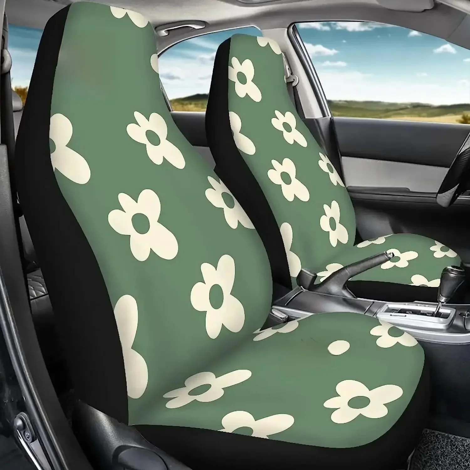 Zestaw pokrowców na siedzenia samochodowe Green Groovy Flower 2 szt. Kwiatowa poduszka na przednie siedzenie samochodu Elastyczna, oddychająca poduszka na siedzenia dla kobiet — zdjęcie 2