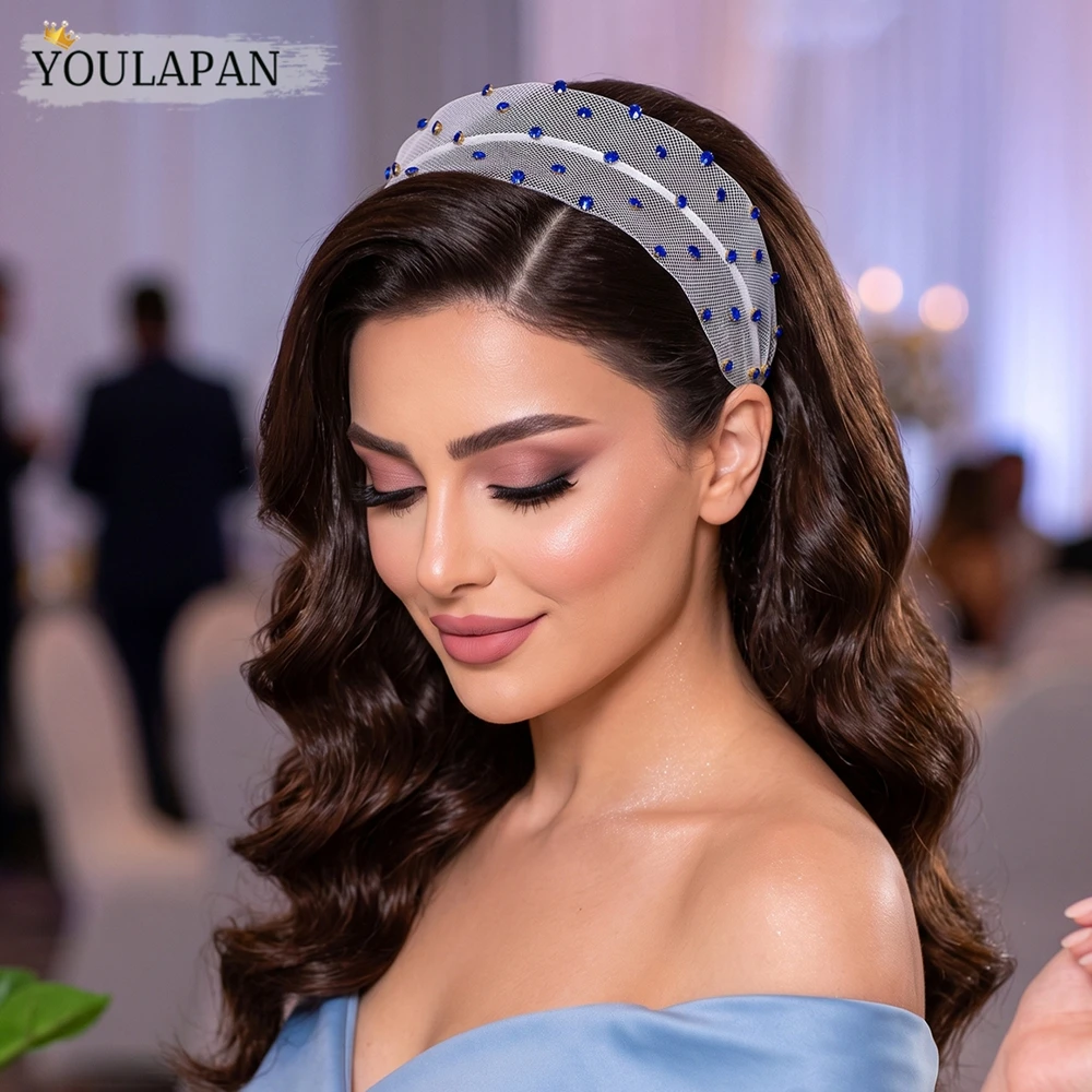 YouLaPan Handmade White Mesh Headband With Blue Rhinestones Bridal Hair Hoop Women Wedding Evening Party Hair Accessories A03