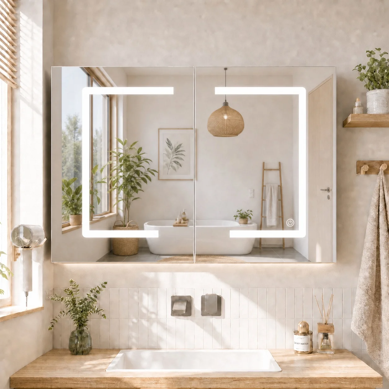 Armario de baño con espejo LED 80x13,5x60 cm, mueble de baño de pared con 2 puertas y estantes de cristal regulables, iluminación de 3 modos, montaje mural, color blanco