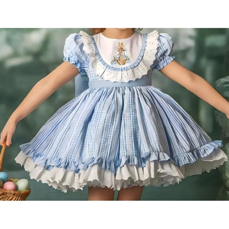 0-12Y Baby Girl Summer Rabbit Embroidery Vintage Princess Blue Plaid Dress for Birthday Photography Holiday Eid B9