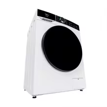 Vista angulada da máquina de lavar e secar Midea em fundo branco destacando o design compacto
