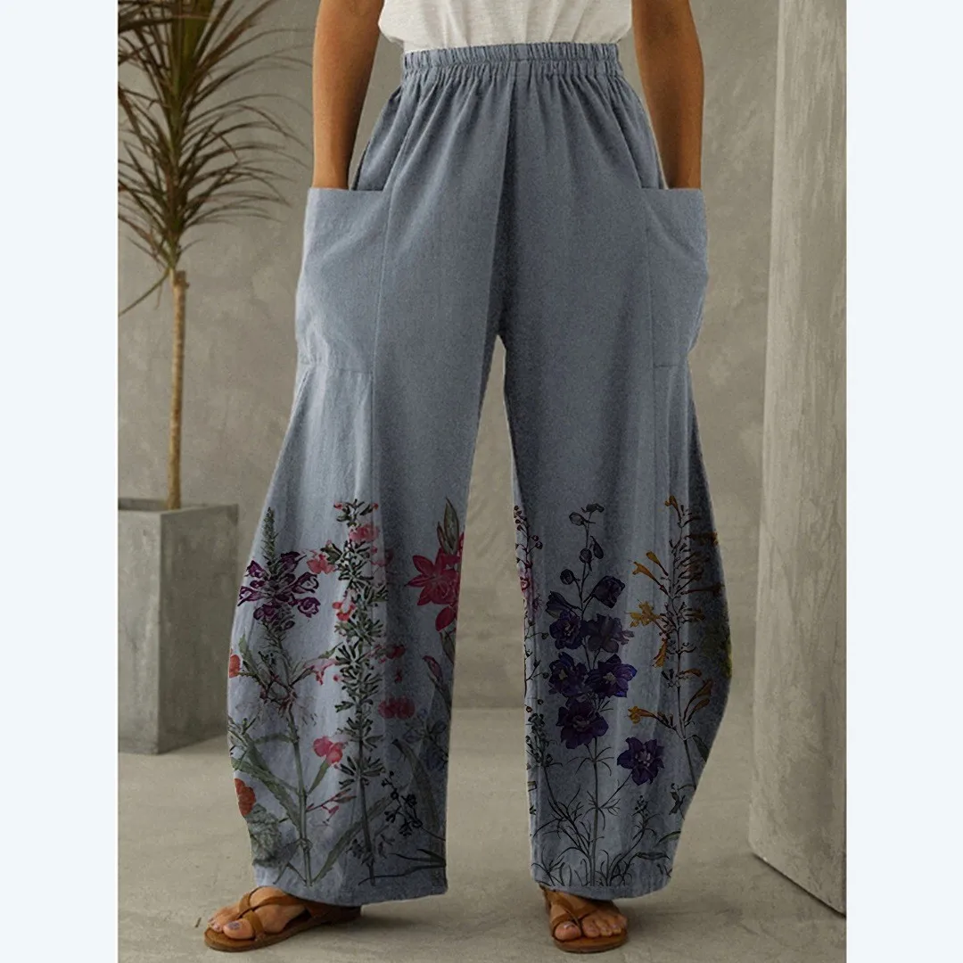 Women's Slim Elastic Waistband With Slanted Pockets, Wide Leg Pants, Plant Printed High Waisted Pants, Summer Women's Clothing