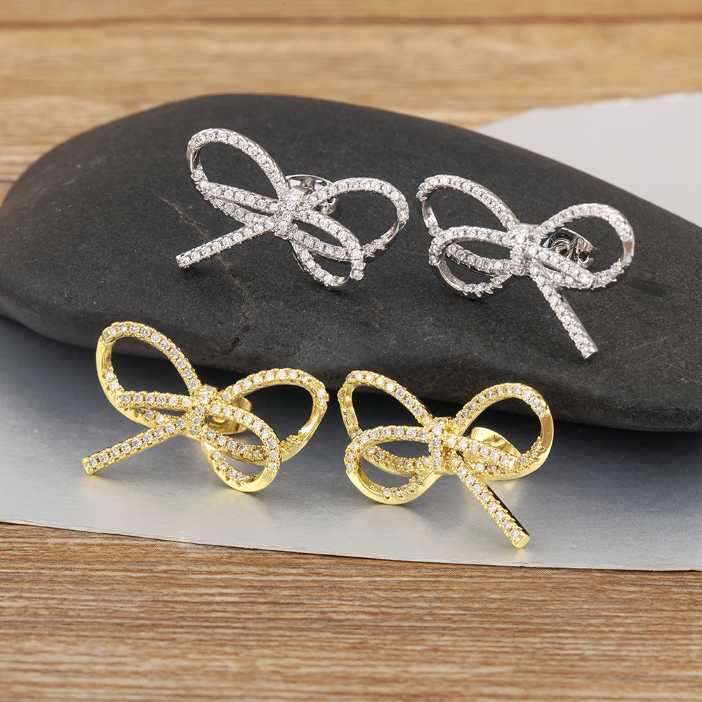 Nidin High Quality Bow Shape Aesthetic Lucky Stud Earrings For Women Sparkling Zircon Ear Jewelry Wholesale Accessories Gifts image 5