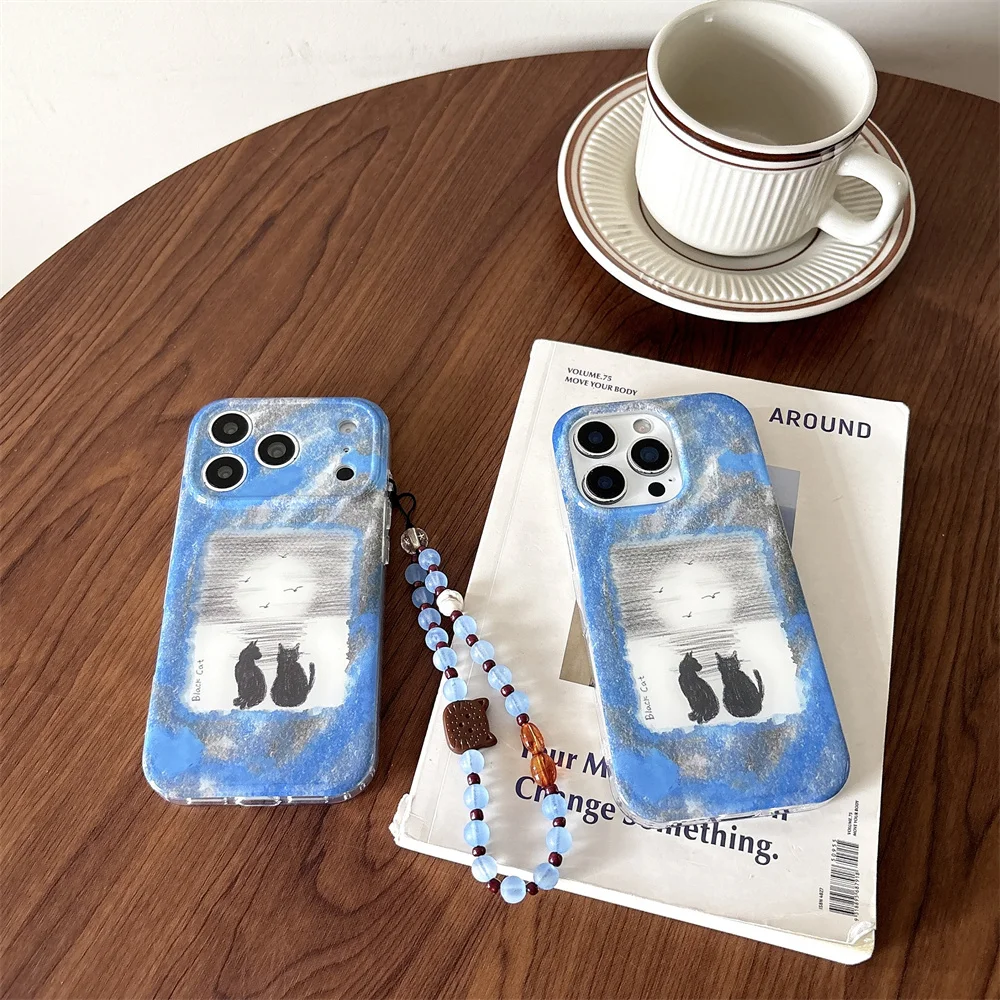 Korean INS Black Cute Cat Phone Case for iPhone 15 Pro 14 13 17 Max 16 Pro Max Fundas Cartoon Cover with Chain Protection Cases