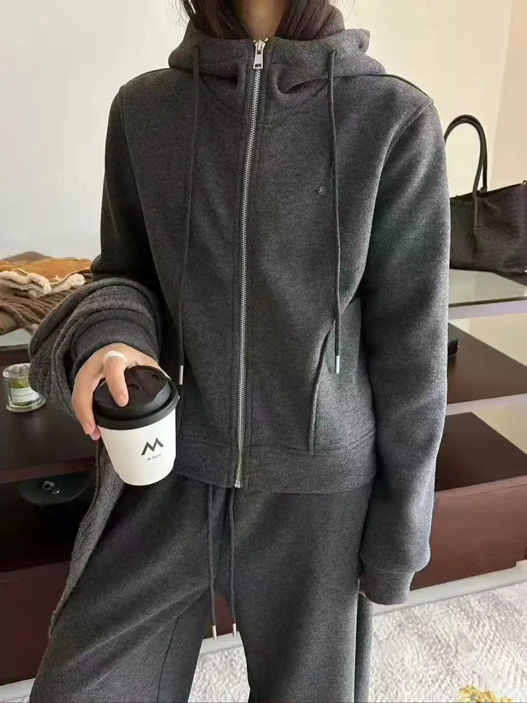 

Korean style hooded jacket with wide leg pants two piece set