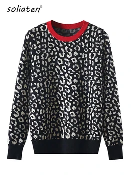 Herbst Winter Frauen Pullover Leopard Gestrickte Pullover Langarm Kontrast Farbe Crewneck Jumper Sweter Mujer C-026