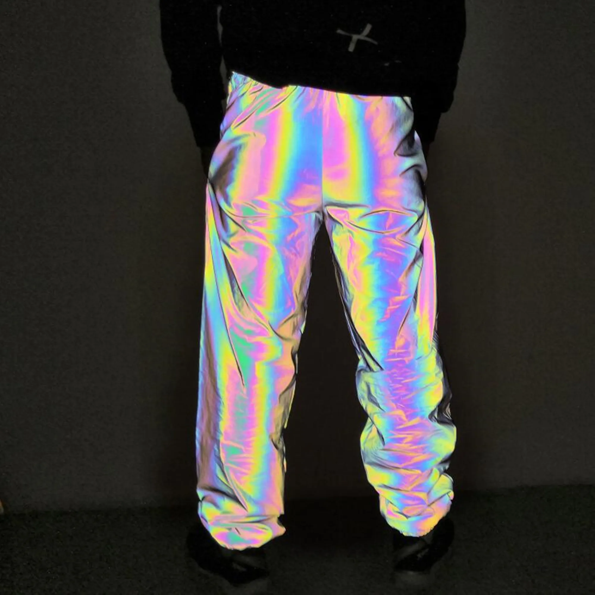 Holographic Men Reflective Rave Geometric Colorful Hip Hop Pants Casual Jogging Sweatpants Clothing