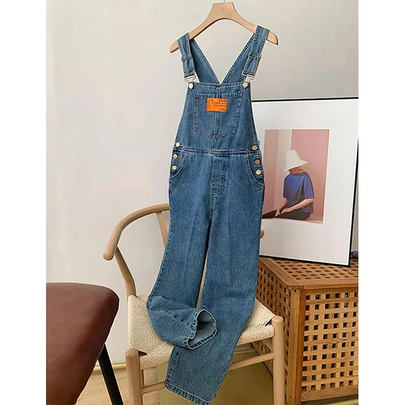 Damskie denimowe fartuchy Vintage Streetwear luźny kostium sportowy koreańskie spodnie z prosta szeroka nogawkami dżinsy wszystkie pasujące spodnie — zdjęcie 2