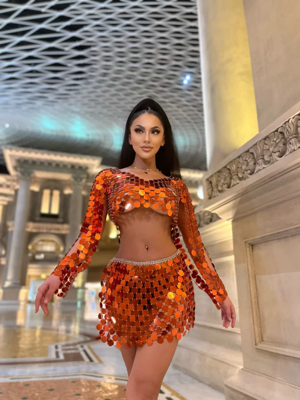 2022 New Arrivals Women Sexy Orange 2 Piece Outfits Long Sleeve Party Sequins Chainmail Crop Top and Mini Skirt Set