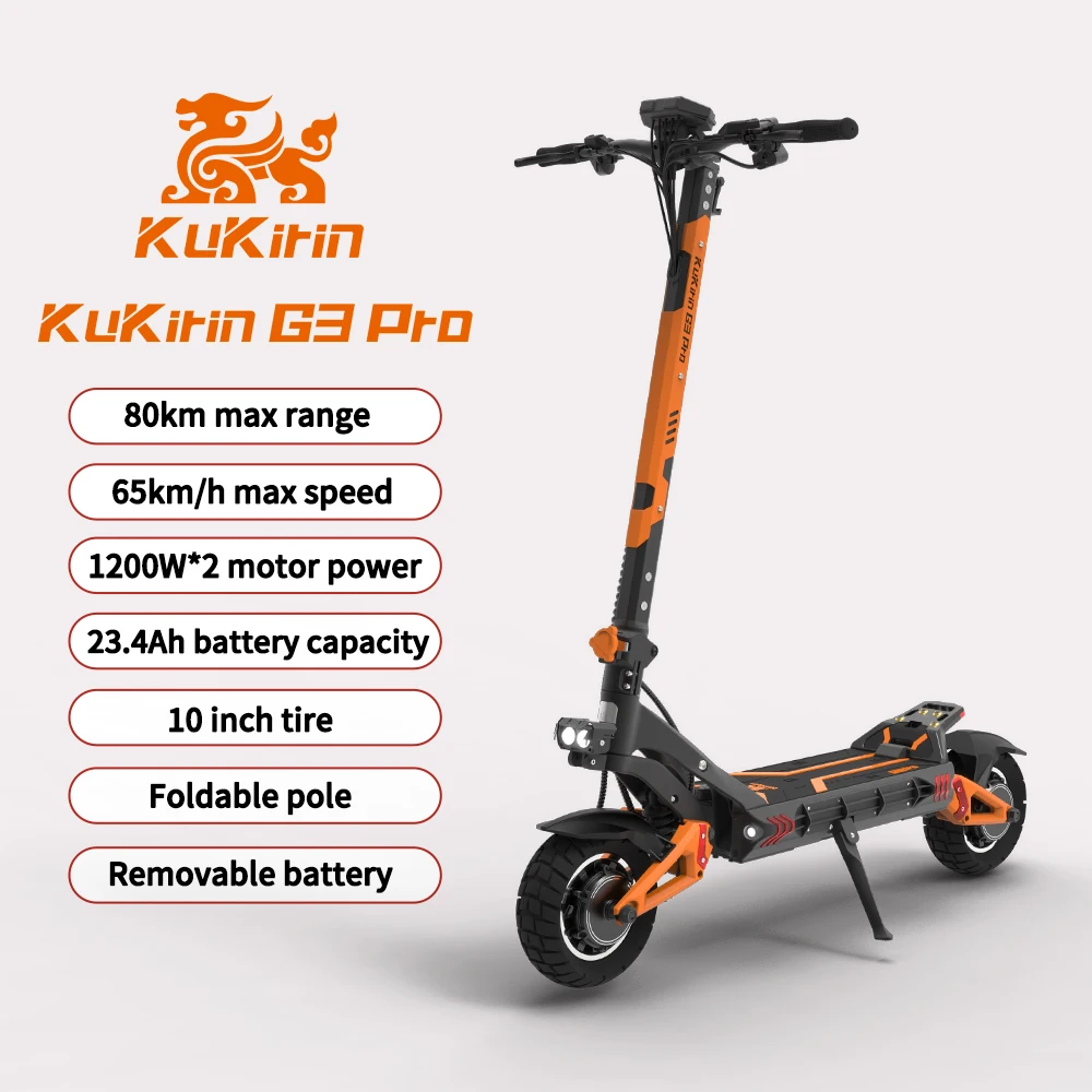 KuKirin-G3 Pro folding electric scooter, 1200w*2 dual drive motor, 52V23.4Ah removable battery, dual charging ports, max speed 6